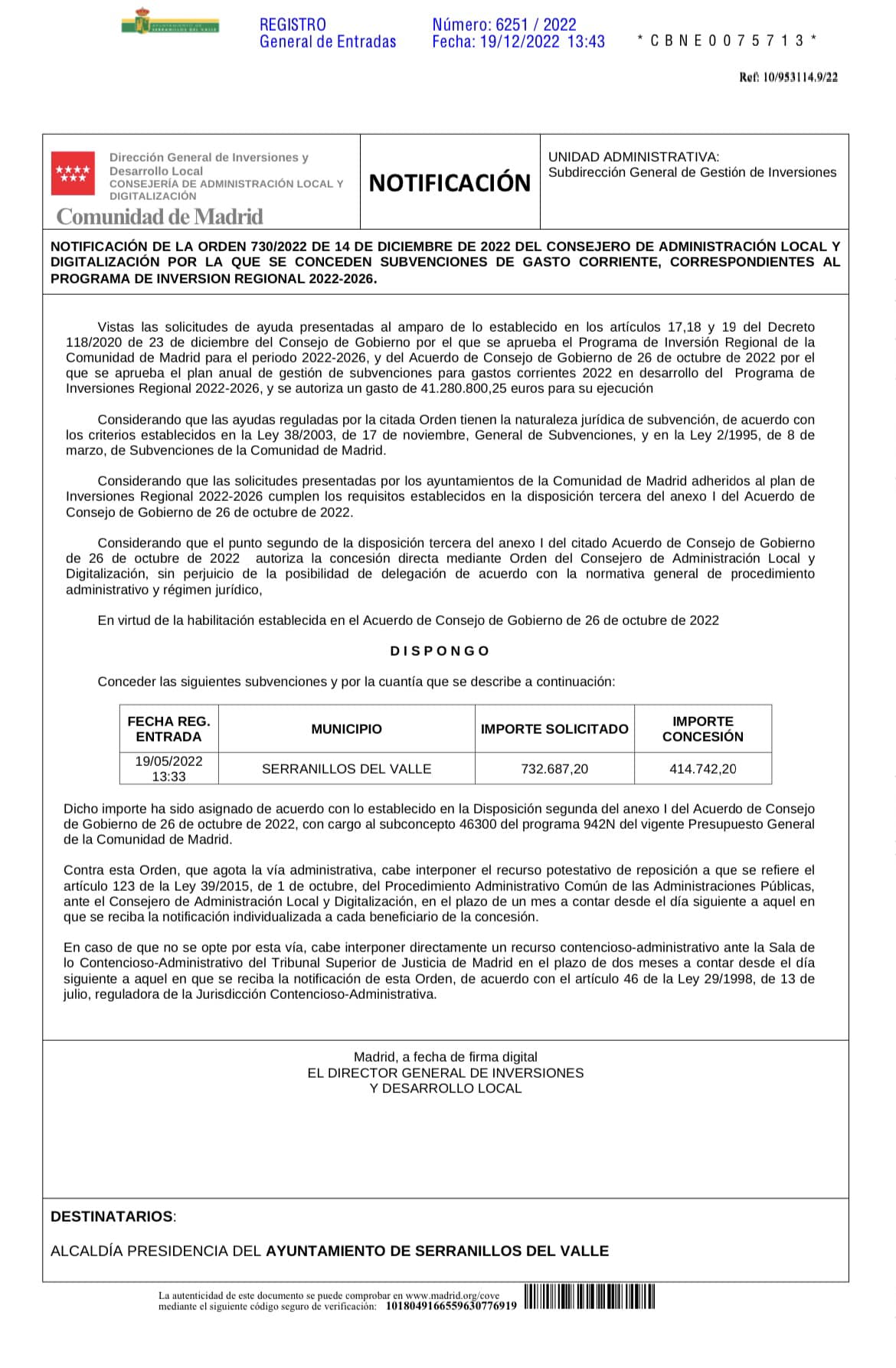 Subvención de la Comunidad de Madrid