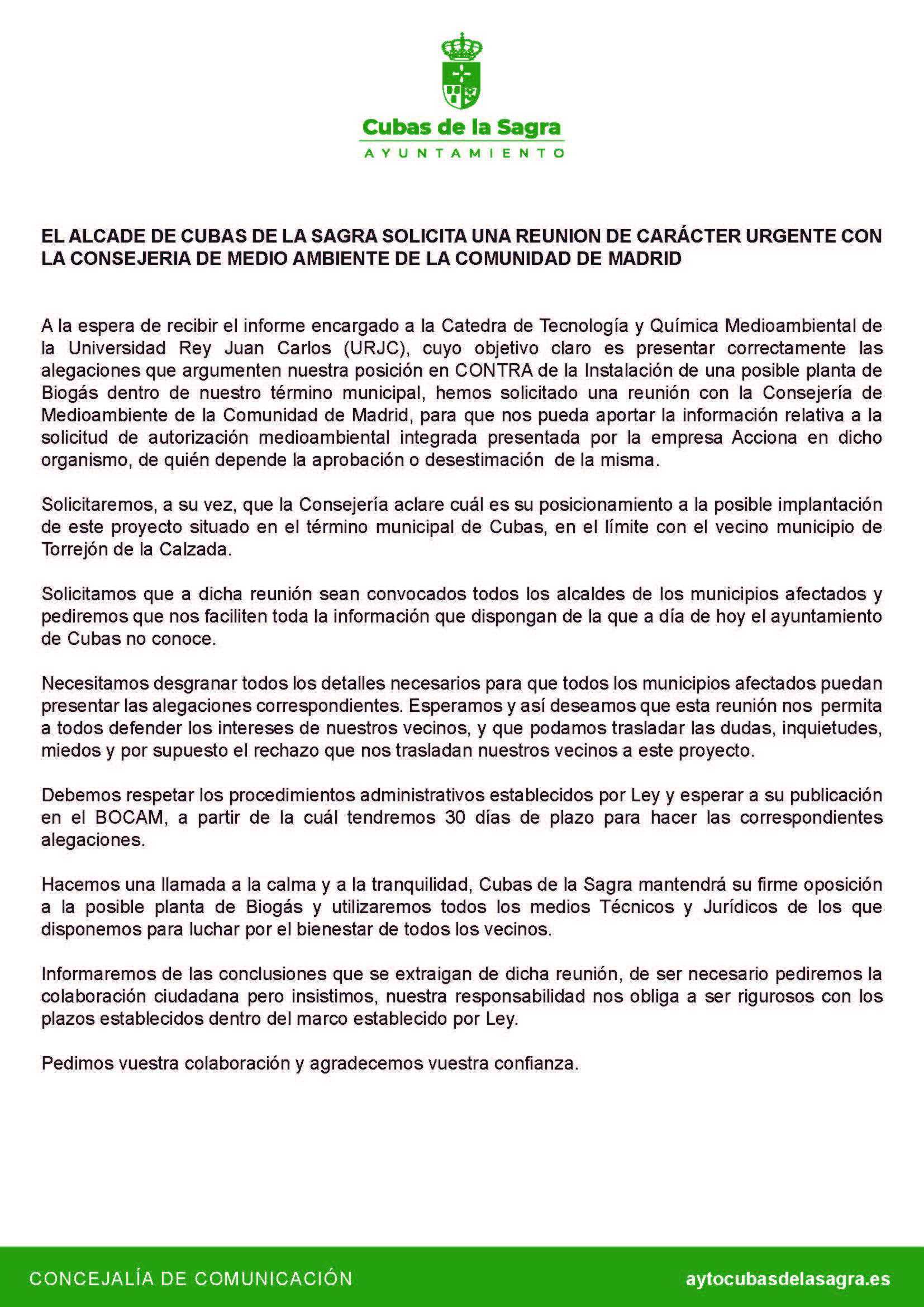 comunicado cubas reunión consejeria medio ambiente