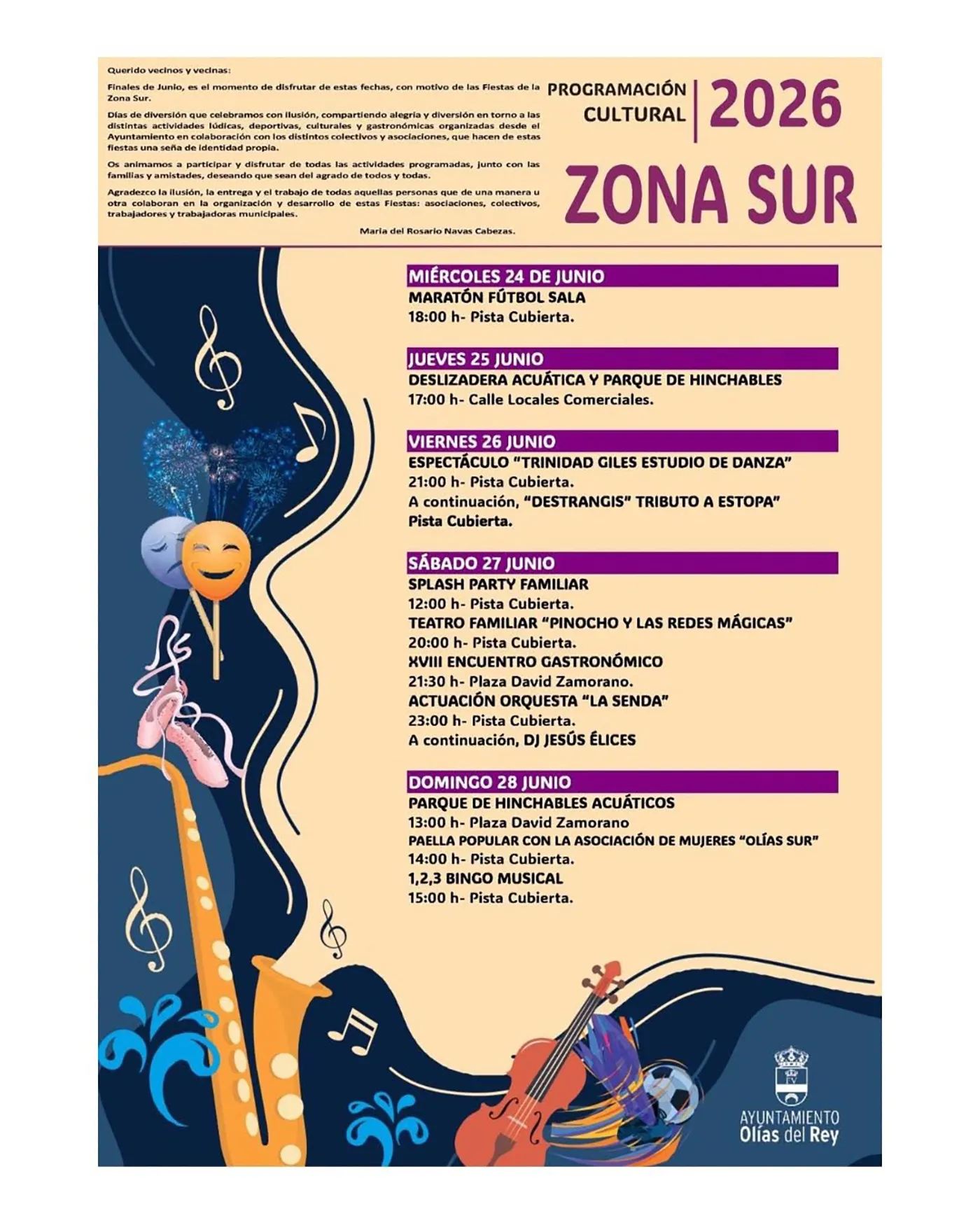 Cartel de las Fiestas de la Zona Sur 2026 en Olías del Rey con la programación cultural Cartel de las Fiestas de la Zona Sur 2026 en Olías del Rey con la programación cultural